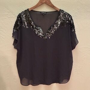 Express Black Chiffon Sequin V-Neck Blouse – Size M